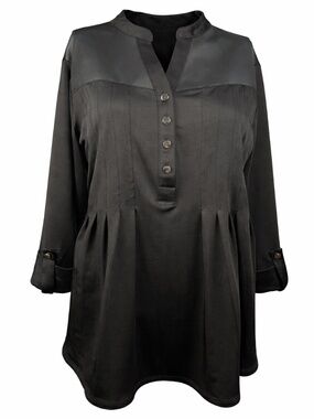 Cocomo Black Tunic Blouse Size M Faux Leather Yoke Pintuck Pleated Top